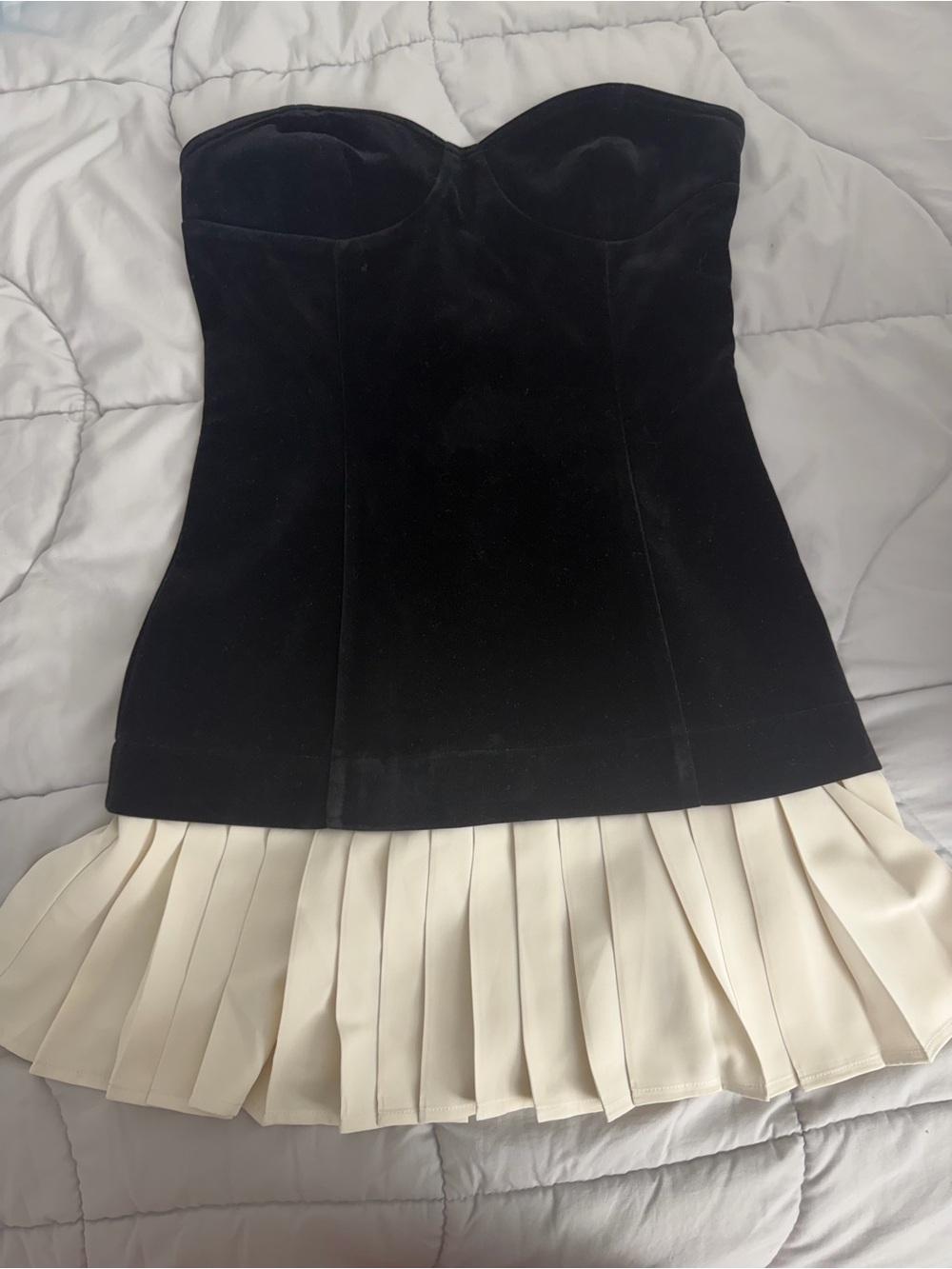 Vici Strapless Black Velvet Dress with Cream Pleated Hem